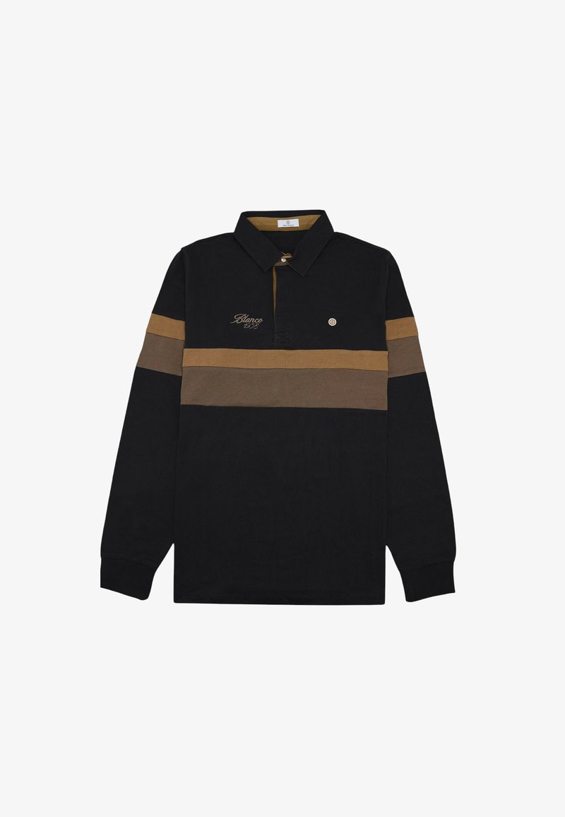 Polo shirt noir à manches longues avec des rayures horizontales marron et beige, col, patte de boutonnage, et "Blanco 1958" brodé sur la poitrine.