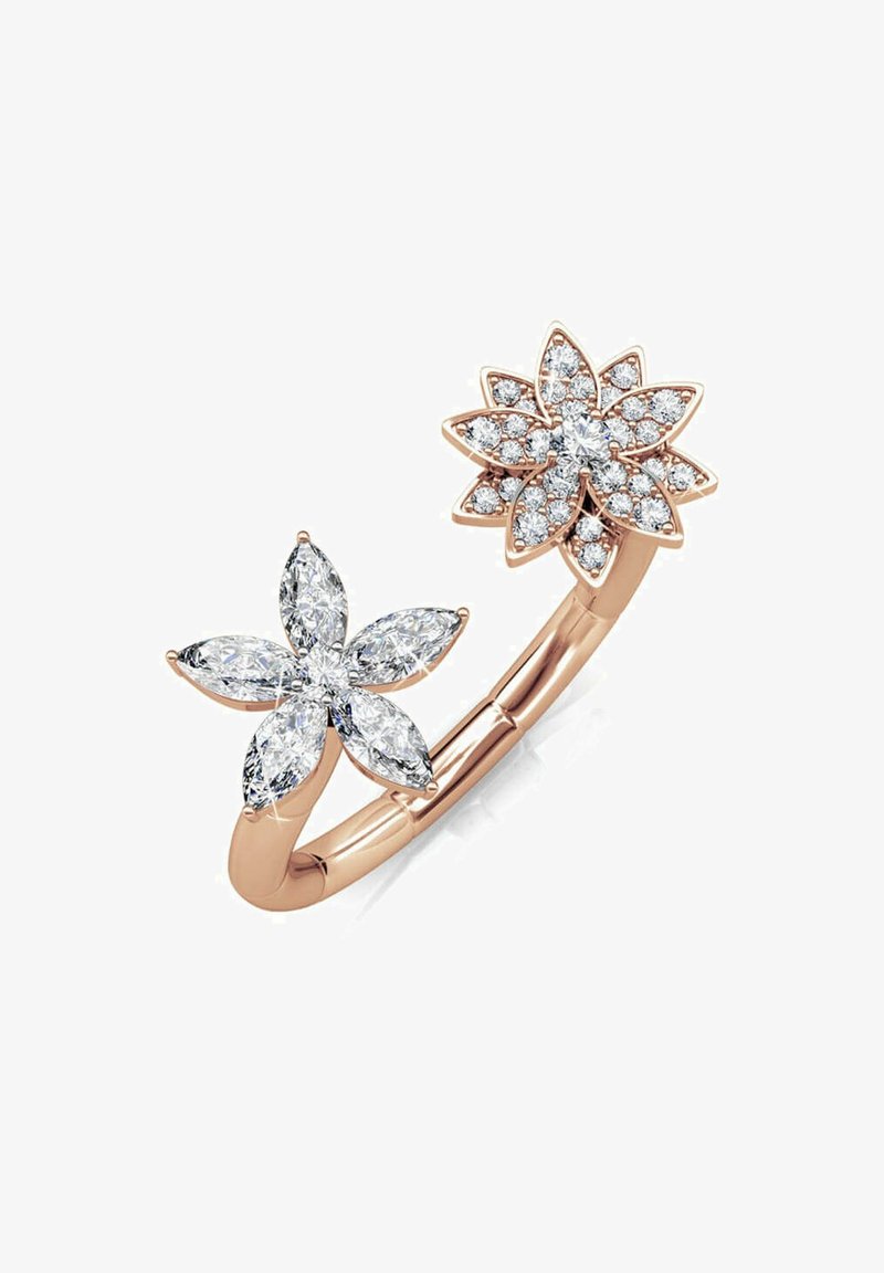 Roségoldring mit zwei Blumendesigns, einer mit baguetteförmigen Diamanten und der andere mit einem Cluster von runden Diamanten. Glatte Oberfläche.