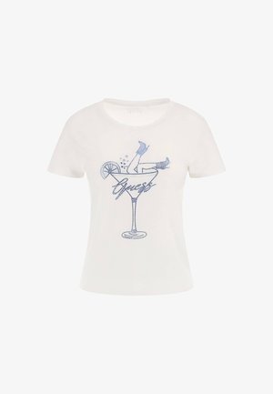 Witte katoenen T-shirt met een blauw grafisch ontwerp van een cocktailglas met een schijfje citroen en een figuur erin, omrand met stippen.