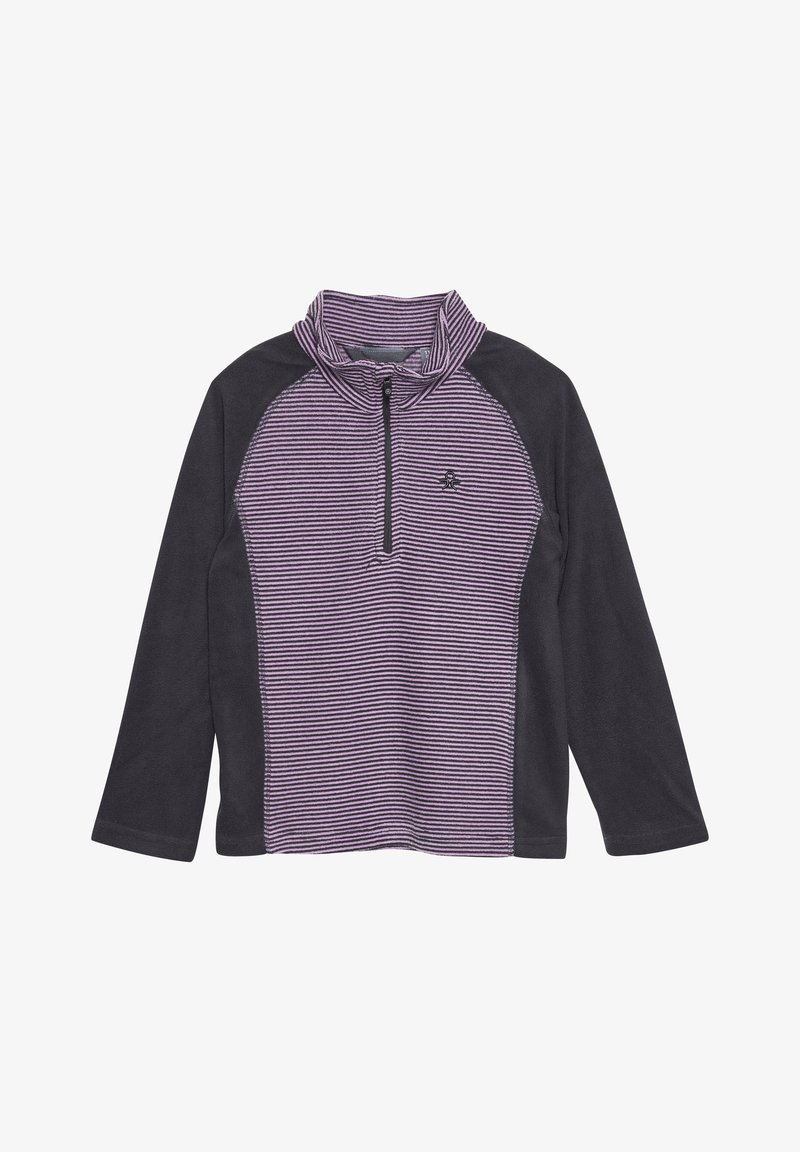 Fleece genser med glidelås i kragen, med lilla og hvite horisontale striper foran, ensfargede svarte ermer og bakside, myk tekstur.