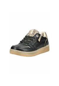 Baskets en cuir noir avec des accents beige, languette en mesh, lacets noirs, fermeture éclair latérale et semelle extérieure translucide couleur gomme.