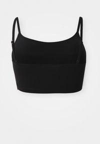 Čierny bralet s nastaviteľnými ramienkami, bezšvovým dizajnom, mäkkou tkaninou a rovnou lištou. Vyznačuje sa hladkou textúrou a minimalistickým štýlom.