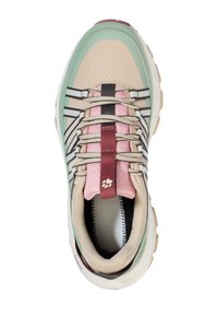 Mehrfarbiger Sneaker mit einem Obermaterial aus Mesh in Minzgrün, Beige und Pink, schwarzen Streifen, strukturierten Akzenten und gepolstertem Kragen.