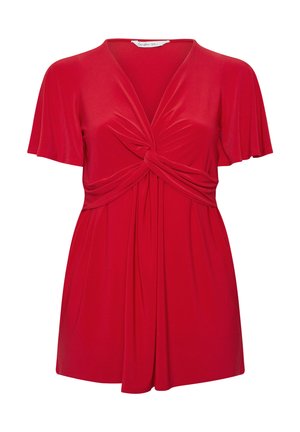 Rote Bluse mit kurzen Ärmeln, tiefem V-Ausschnitt und verdrehtem Knotendetail vorne, das unterhalb der Büste weiche Drapierungen bildet.