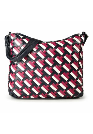 Borsa intrecciata in pelle con strisce diagonali nere, bianche e rosso scuro e una singola tracolla nera.