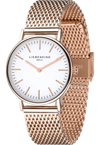 Roségoldenes Mesh-Armbanduhr mit einem weißen, minimalistischen Zifferblatt und dünnen roségoldenen Zeigern. Auf dem Zifferblatt ist "LIEBESKIND BERLIN" aufgedruckt.