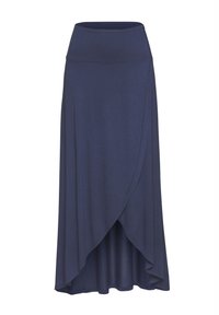 Gonna blu navy a ginocchio realizzata in tessuto morbido e elasticizzato. Presenta una vita alta e un orlo asimmetrico con strati sovrapposti.