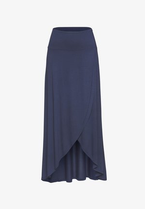 Mornariće plava suknja do koljena napravljena od mekanog, rastezljivog materijala. Ima visoki struk i asimetričnu donju ivicu s preklapajućim slojevima.