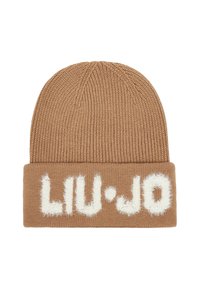 Bruine gebreide beanie met een omgeslagen rand, voorzien van witte pluizige letters die "LIU·JO" op de voorkant spellen.