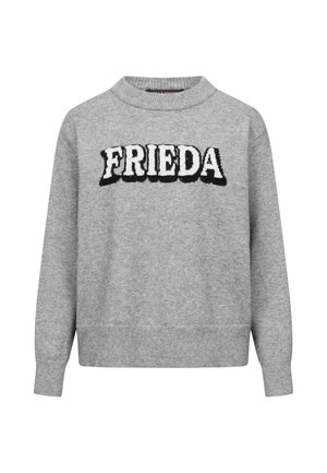 Gray sweater with a round neck and ribbed cuffs. Features "FRIEDA" in black lettering across the front. Made from soft knitted fabric.