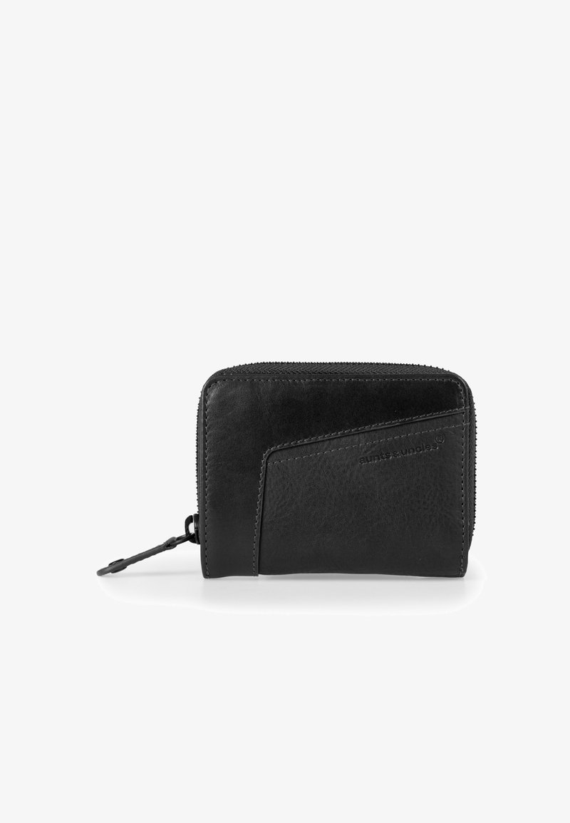 Black leather wallet with a textured finish, featuring a zip closure and a front slip pocket with stitching accents. Compact and rectangular shape.