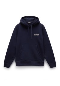 Navyblauwe hoodie van zachte stof, met een voorzak, een trekkoord in de capuchon en een klein logo op de borst.