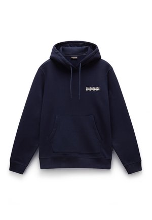 Navy blue hooded sweatshirt in soft fabric, featuring a front pocket, drawstring hood, and a small logo on the chest area.