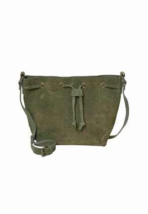 Olive green suede shoulder bag with adjustable strap and drawstring closure threaded through metal eyelets.