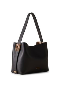 Black leather tote bag with a smooth texture, featuring a gold-tone logo accent on the strap and an open top design.