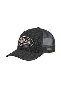 Black mesh trucker cap with subtle leopard pattern, "Von Dutch California" embroidered patch on front and small logo tag on side.