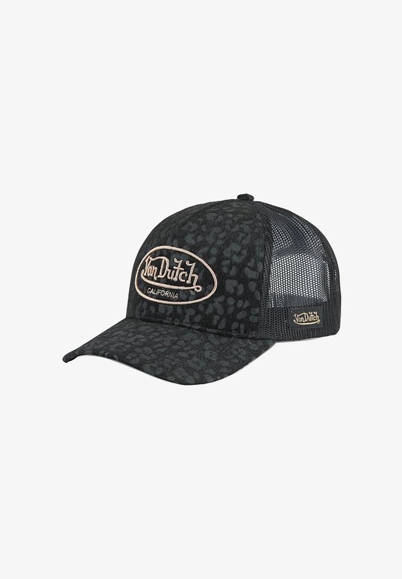 Casquette camionneur en mesh noir avec un motif léopard subtil, patch brodé "Von Dutch California" à l'avant et petite étiquette de logo sur le côté.
