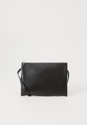 Black leather clutch bag with a smooth texture, slim rectangular shape, top zipper, and an adjustable strap for handheld or crossbody use.