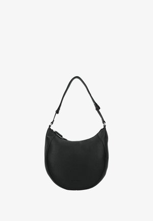 Fekete bőr válltáska ívelt formával, texturált felülettel, állítható pánttal és diszkrét logó részlettel az elején.