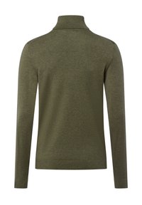 Olivgrüner Pullover mit langen Ärmeln und hohem Kragen. Stricktextur, taillierte Passform und gerippter Saum. Keine sichtbaren Logos oder zusätzlichen Details.
