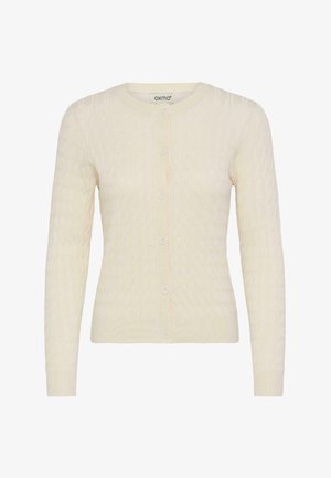 Cardigan din tricot cu cabluri, de culoare ivoire, cu decolteu rotund, mâneci lungi și șase nasturi pe față. Textură moale, design ajustat.