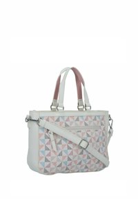 Borsa a mano chiara con un motivo geometrico in rosa, blu e beige. Presenta due manici e una tracolla rimovibile. Texture liscia.