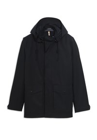 Crna vodootporna jakna s podesivom kapuljačom, prednjim dugmadi džepovima i dugim rukavima. Glatka tekstura i minimalistički dizajn.