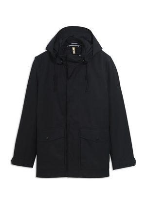 Schwarze wasserfeste Jacke mit verstellbarem Kapuzen, vorderen Knopftaschen und langen Ärmeln. Glatte Textur und minimalistisches Design.