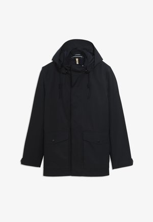 Schwarze wasserfeste Jacke mit verstellbarem Kapuzen, vorderen Knopftaschen und langen Ärmeln. Glatte Textur und minimalistisches Design.