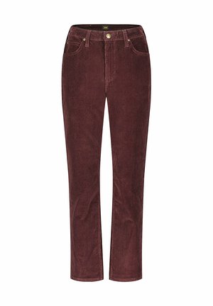 Bordeaux corduroy farkut suoran lahkeiden muotoilulla, joissa on viisi taskua ja etuvietin suljenta. Pehmeä rakenne ja ribattu pinta.