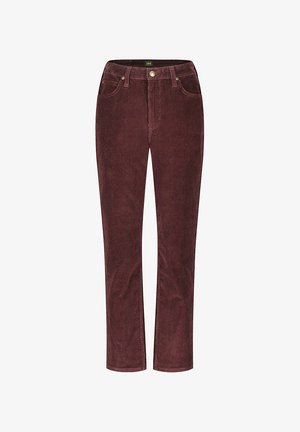 Burgundowe spodnie dżinsowe z cordurowego materiału o prostym kroju, z pięcioma kieszeniami i zapięciem na guzik z przodu. Miękka tekstura i żebrowane wykończenie.
