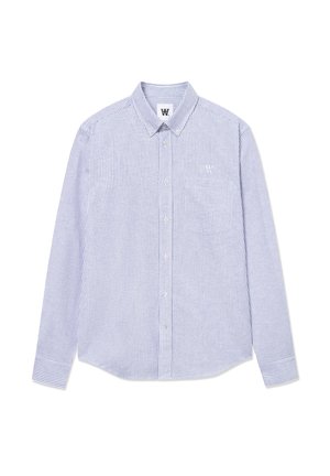 Blue and white striped long-sleeve shirt with a button-down collar, chest pocket, and logo detail on left side. Cotton fabric.