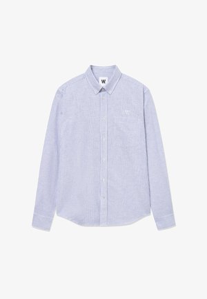 Blau-weiße gestreifte Langarmbluse mit Kentkragen, Brusttasche und Logodetail auf der linken Seite. Aus Baumwollstoff.