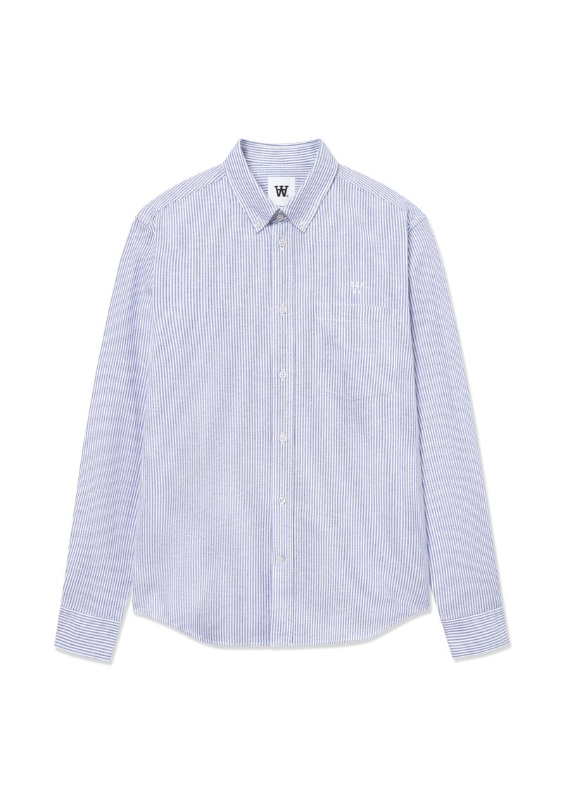 Camisa de manga larga a rayas azules y blancas con cuello abotonado, bolsillo en el pecho y detalle del logo en el lado izquierdo. Tejido de algodón.
