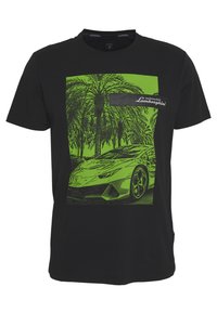 Černé bavlněné tričko se zelenou grafikou auta a palem, s černou nášivkou s nápisem "automobili Lamborghini."
