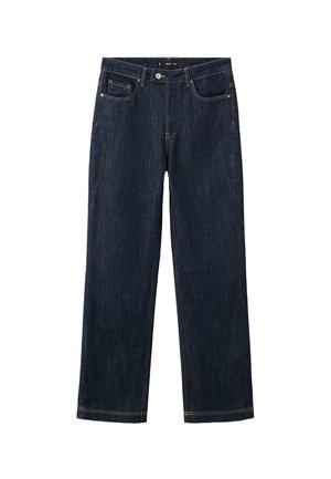 Jeans de mezclilla azul oscuro con corte recto, que presentan un cierre con botón, bolsillos frontales y un detalle de costura amarilla a lo largo de las costuras.