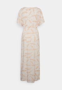 Robe maxi en tissu léger crème avec un motif répété de feuilles de palmier orange, manches courtes en forme de chauve-souris et taille élastique.