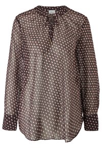 Blusa nera trasparente con scollatura arrotondata, maniche lunghe e dettaglio con fiocchetto. Presenta un motivo a foglia ripetuto in avorio e ruggine.