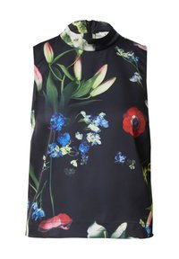 Mouwloze bloezen met een hoge nek, met een zwarte achtergrond en diverse kleurrijke bloemenprints, waaronder blauw, rood en groen.