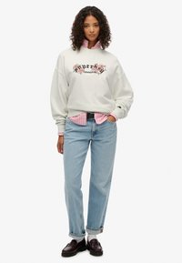 Felpa grigia chiara con stampa floreale, indossata su una camicia a righe rosa. Abbinata a jeans blu e mocassini scuri. Vestibilità comoda e stile casual.