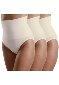 Shapewear a vita alta in beige chiaro, caratterizzato da un tessuto liscio ed elastico e un design senza cuciture con una fascia larga per un maggiore supporto.