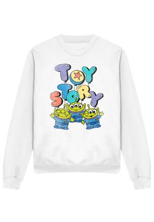 Weißes Sweatshirt mit drei grünen Aliens von Toy Story und bunten Luftballonbuchstaben, die "Toy Story" auf der Vorderseite buchstabieren.