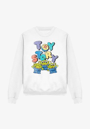 Weißes Sweatshirt mit drei grünen Aliens von Toy Story und bunten Luftballonbuchstaben, die "Toy Story" auf der Vorderseite buchstabieren.