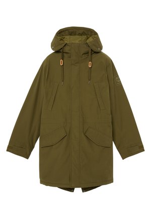 Giacca parka con cappuccio di colore verde oliva, dotata di una cerniera anteriore, due ampie tasche frontali, polsini elasticizzati e cordini regolabili sul cappuccio.