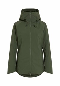 Green waterproof jacket with a hood, made of smooth fabric, featuring a front zipper and adjustable drawstrings at the neck and hem.