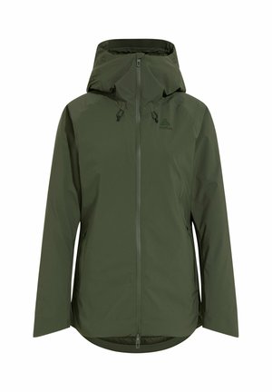 Green waterproof jacket with a hood, made of smooth fabric, featuring a front zipper and adjustable drawstrings at the neck and hem.