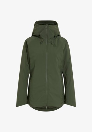 Green waterproof jacket with a hood, made of smooth fabric, featuring a front zipper and adjustable drawstrings at the neck and hem.