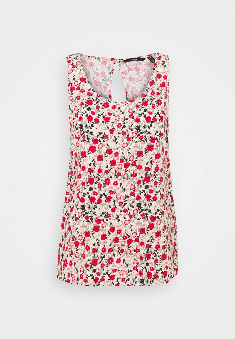 Blouse sans manches avec col rond et ouverture en forme de goutte dans le dos, présentant un petit imprimé floral rouge, rose, noir et gris sur fond blanc.