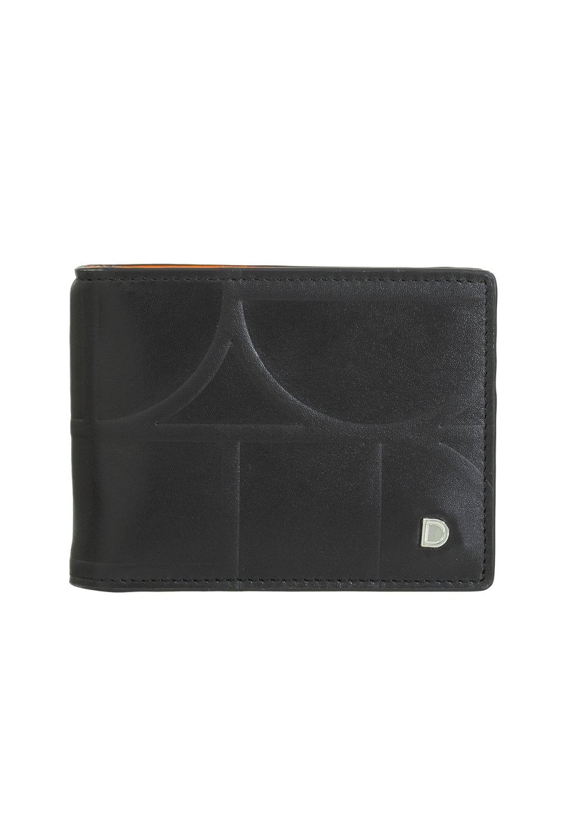 Portafoglio in pelle nera con una texture liscia, presenta motivi geometrici in rilievo, un colore interno a contrasto e un piccolo logo metallico.