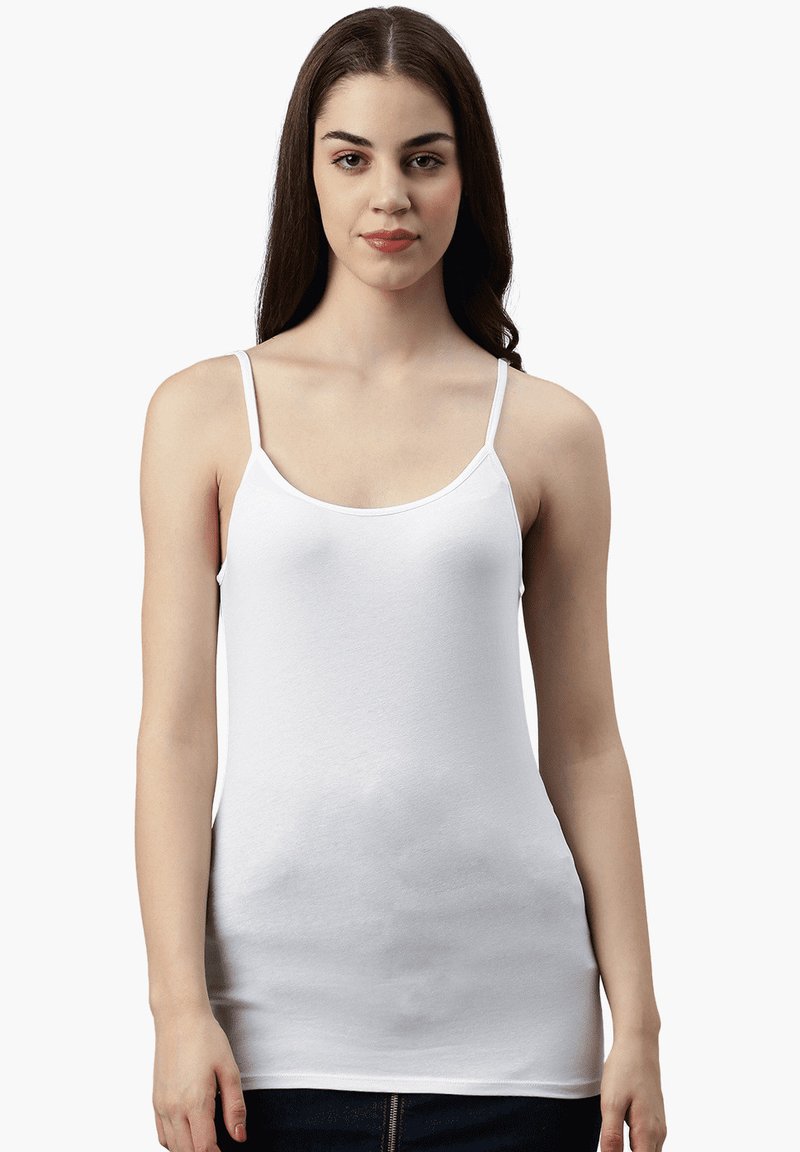 Weißes Baumwoll-Tanktop mit dünnen verstellbaren Trägern, einem runden Ausschnitt und einer figurnahen Form, das über eine glatte, schlichte Textur ohne Muster verfügt.